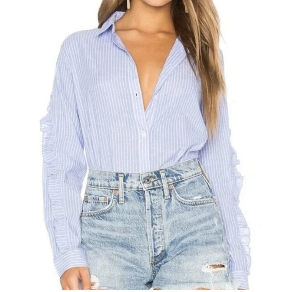 Rails Lizzi Button Down Shirt Bellflower Blue White Stripe Ruffle Trim Women’s L